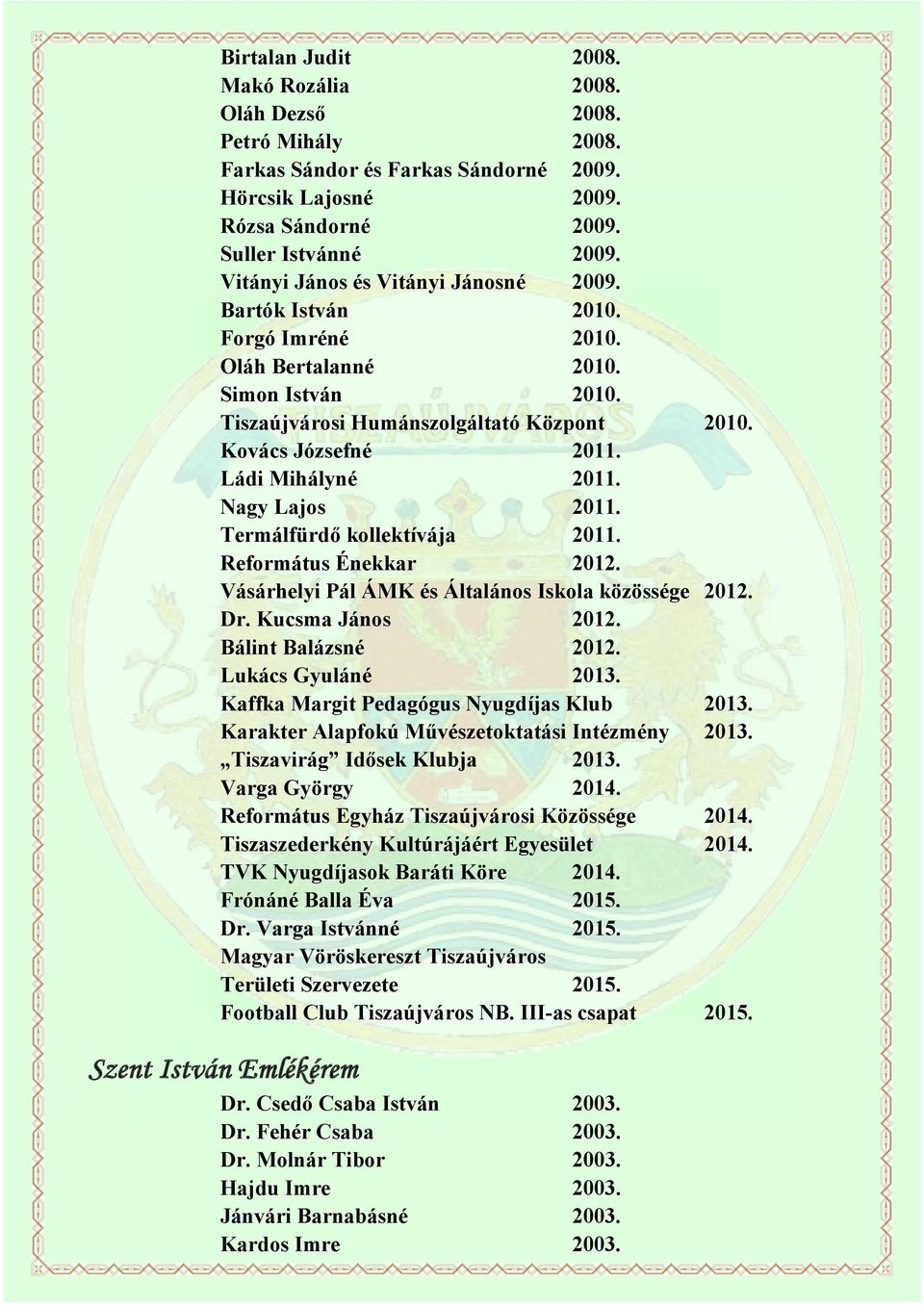 Ládi Mihályné 2011. Nagy Lajos 2011. Termálfürdő kollektívája 2011. Református Énekkar 2012. Vásárhelyi Pál ÁMK és Általános Iskola közössége 2012. Dr. Kucsma János 2012. Bálint Balázsné 2012.