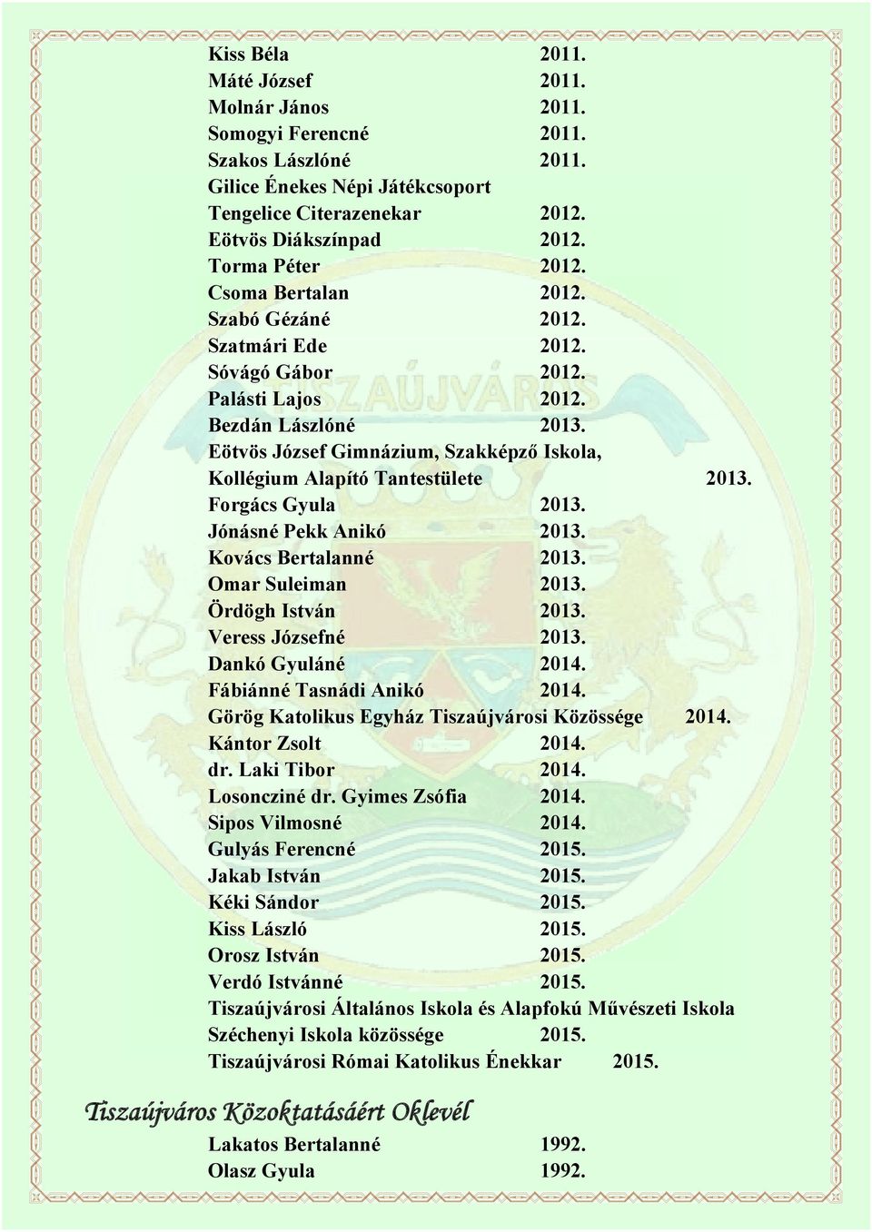 Eötvös József Gimnázium, Szakképző Iskola, Kollégium Alapító Tantestülete 2013. Forgács Gyula 2013. Jónásné Pekk Anikó 2013. Kovács Bertalanné 2013. Omar Suleiman 2013. Ördögh István 2013.