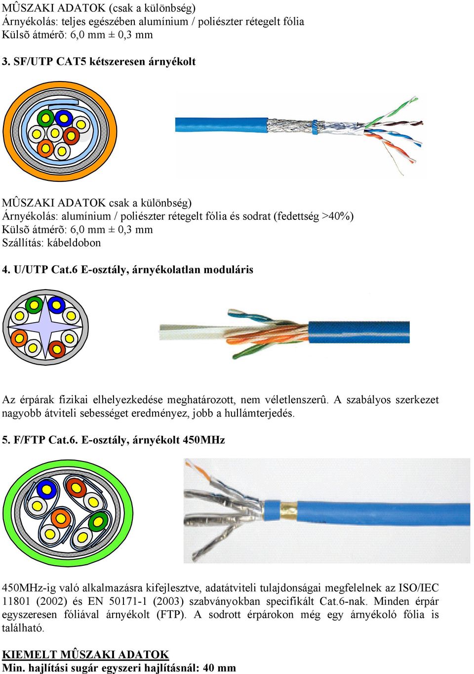 U/UTP Cat.6 E-osztály, árnyékolatlan moduláris Az érpárak fizikai elhelyezkedése meghatározott, nem véletlenszerû. A szabályos szerkezet nagyobb átviteli sebességet eredményez, jobb a hullámterjedés.