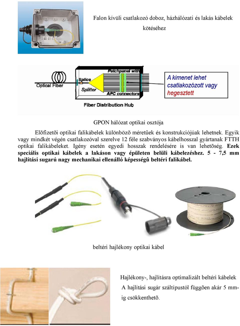 Igény esetén egyedi hosszak rendelésére is van lehetõség. Ezek speciális optikai kábelek a lakáson vagy épületen belüli kábelezéshez.