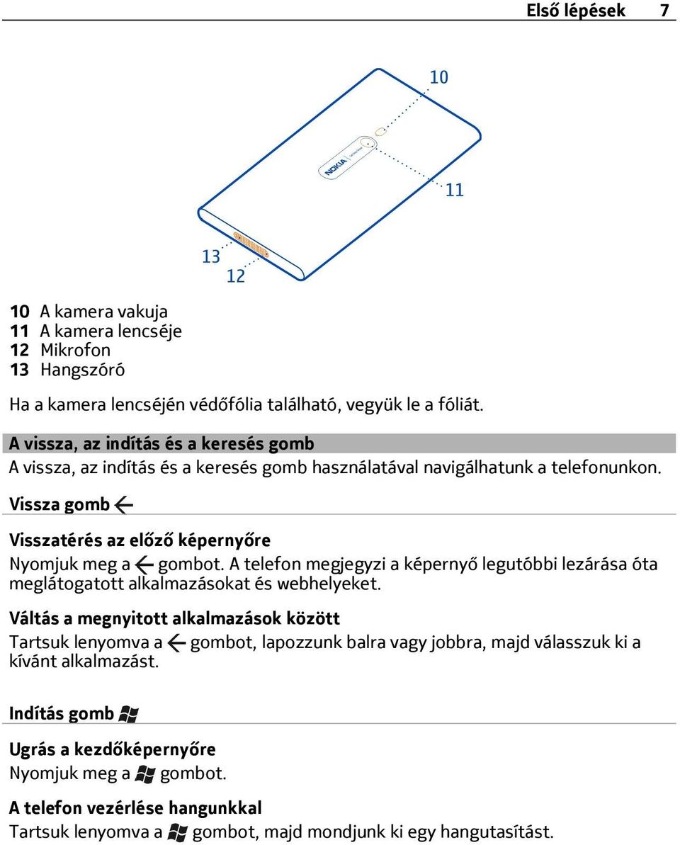 Vissza gomb Visszatérés az előző képernyőre Nyomjuk meg a gombot. A telefon megjegyzi a képernyő legutóbbi lezárása óta meglátogatott alkalmazásokat és webhelyeket.