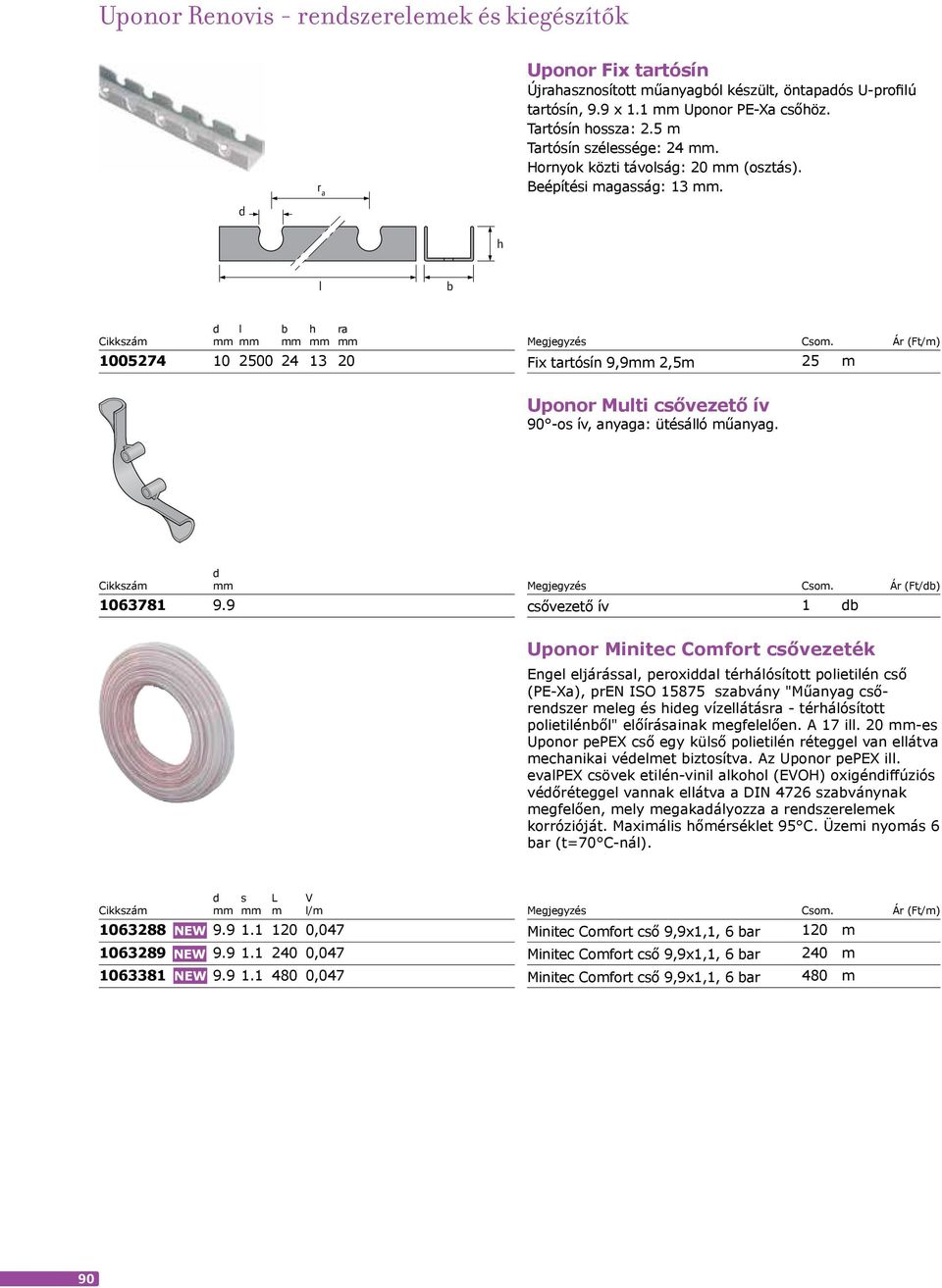 ra 1005274 10 2500 24 13 20 Fix tartósín 9,9 2,5m 25 m 490 Uponor Muti csővezető ív 90 -os ív, anyaga: ütésáó műanyag. 1063781 9.