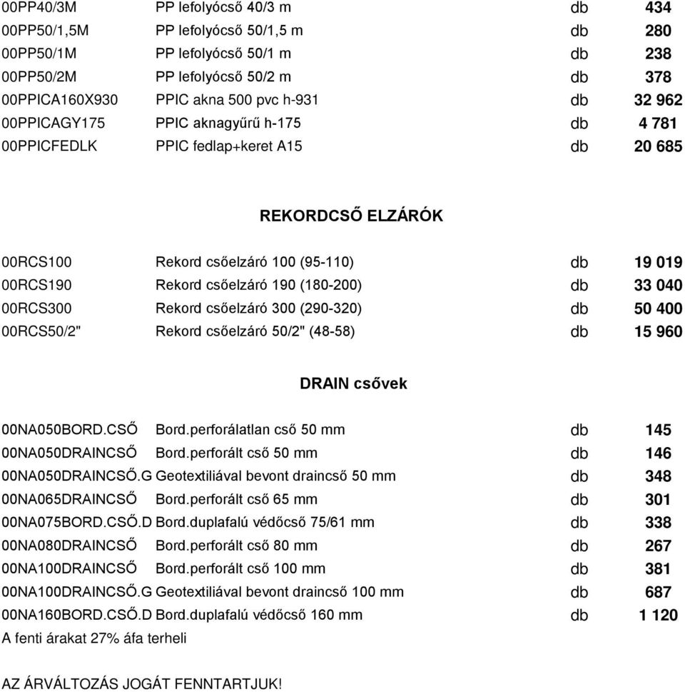 00RCS300 Rekord csőelzáró 300 (290-320) 50 400 00RCS50/2" Rekord csőelzáró 50/2" (48-58) 15 960 DRAIN csővek 00NA050BORD.CSŐ Bord.perforálatlan cső 50 mm 145 00NA050DRAINCSŐ Bord.