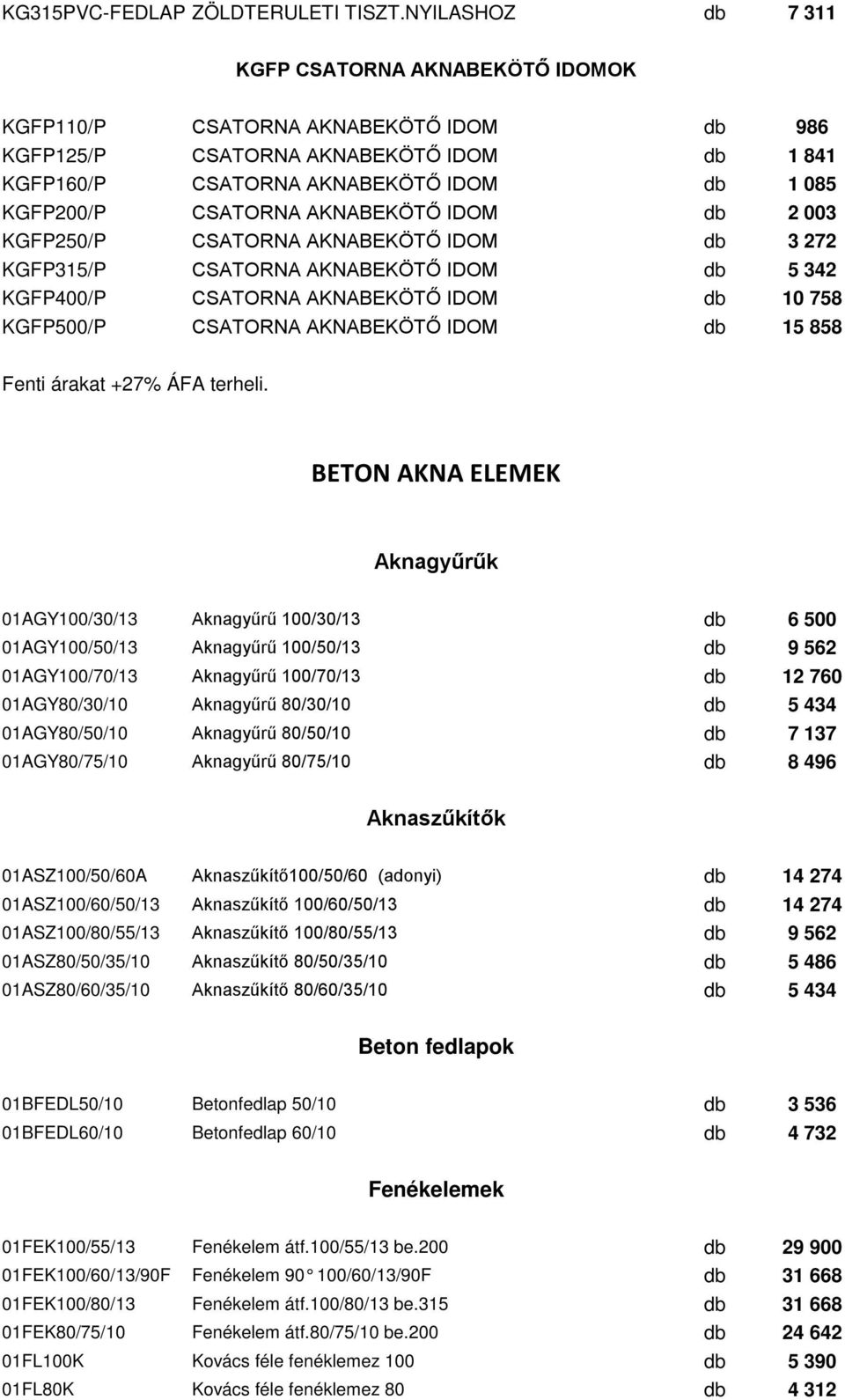 IDOM 2 003 KGFP250/P CSATORNA AKNABEKÖTŐ IDOM 3 272 KGFP315/P CSATORNA AKNABEKÖTŐ IDOM 5 342 KGFP400/P CSATORNA AKNABEKÖTŐ IDOM 10 758 KGFP500/P CSATORNA AKNABEKÖTŐ IDOM 15 858 Fenti árakat +27% ÁFA