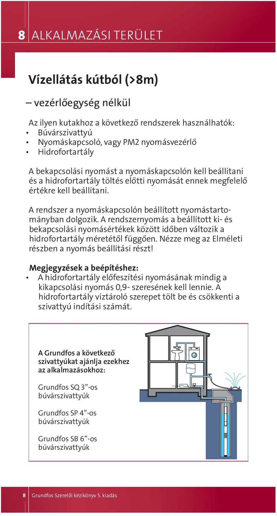 A rendszer a nyomáskapcsolón beállított nyomástartományban dolgozik. A rendszernyomás a beállított ki- és bekapcsolási nyomásértékek között időben változik a hidrofortartály méretétől függően.