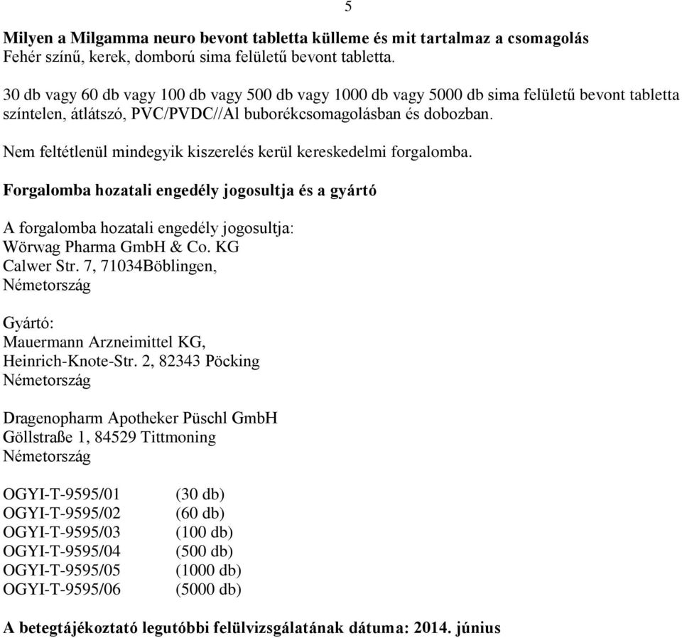 Nem feltétlenül mindegyik kiszerelés kerül kereskedelmi forgalomba. Forgalomba hozatali engedély jogosultja és a gyártó A forgalomba hozatali engedély jogosultja: Wörwag Pharma GmbH & Co.