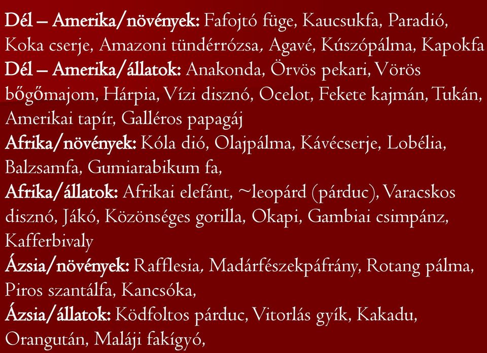 Balzsamfa, Gumiarabikum fa, Afrika/állatok: Afrikai elefánt, ~leopárd (párduc), Varacskos disznó, Jákó, Közönséges gorilla, Okapi, Gambiai csimpánz, Kafferbivaly