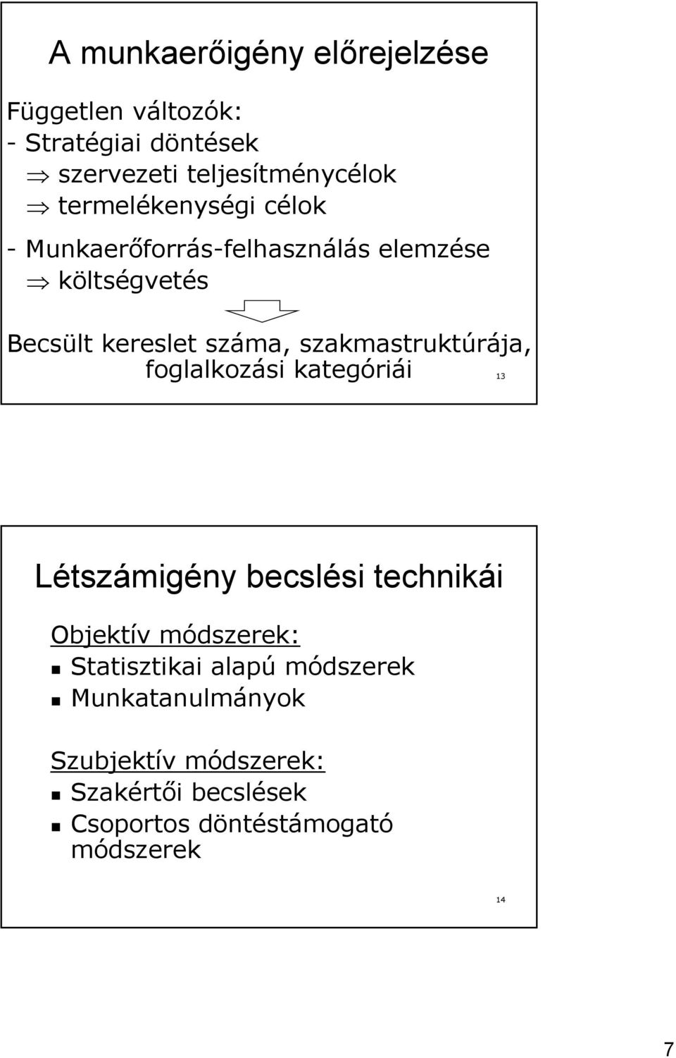 szakmastruktúrája, foglalkozási kategóriái 13 Létszámigény becslési technikái Objektív módszerek: