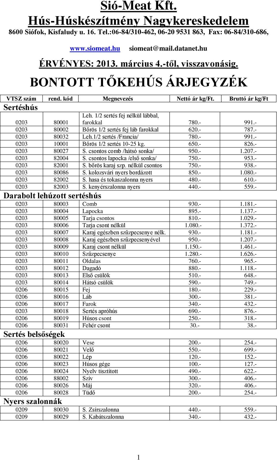 650.- 826.- 0203 80027 S. csontos comb /hátsó sonka/ 950.- 1.207.- 0203 82004 S. csontos lapocka /első sonka/ 750.- 953.- 0203 82001 S. bőrös karaj szp. nélkül csontos 750.- 938.- 0203 80086 S.