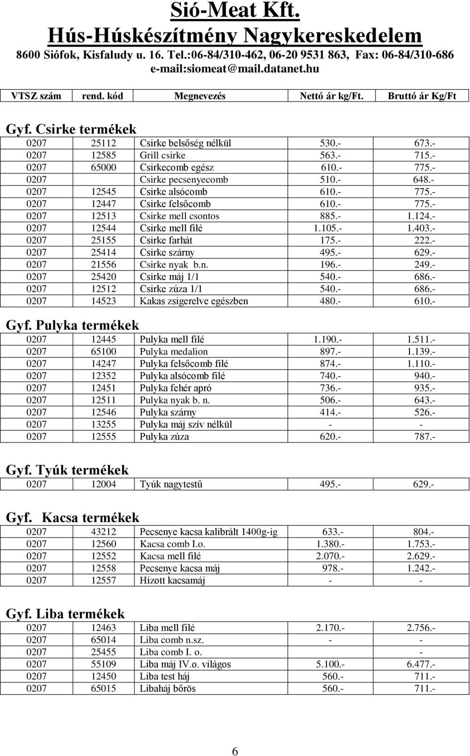 - 222.- 0207 25414 Csirke szárny 495.- 629.- 0207 21556 Csirke nyak b.n. 196.- 249.- 0207 25420 Csirke máj 1/1 540.- 686.- 0207 12512 Csirke zúza 1/1 540.- 686.- 0207 14523 Kakas zsigerelve egészben 480.