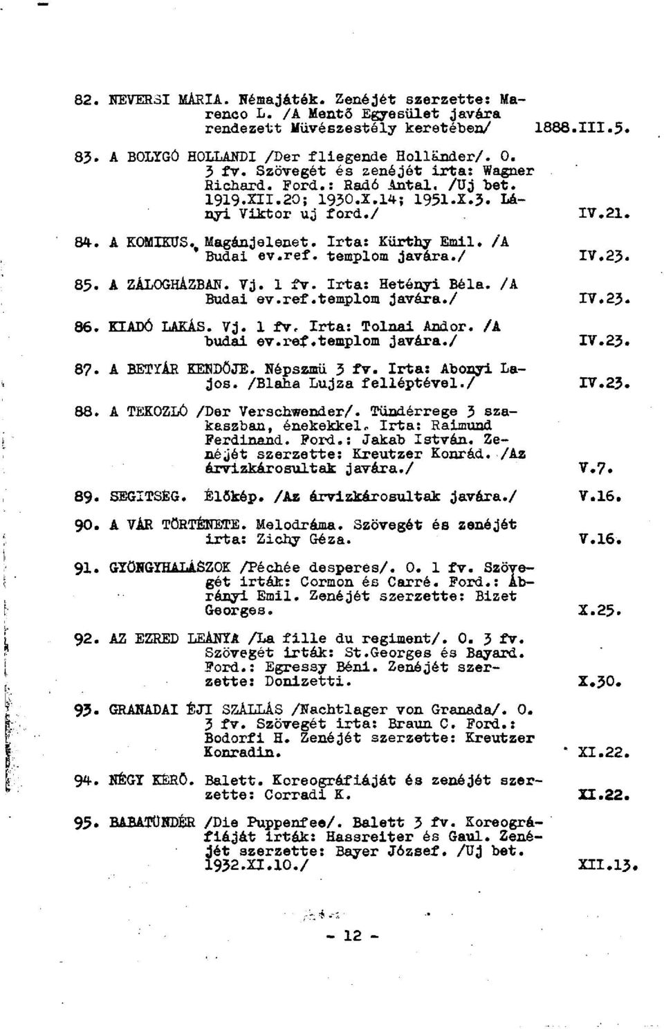 templom javára./ 85. A ZÁLOGHÁZBAN. Vj. 1 fv. Irta: Hetényi Béla. /A Budai ev.ref.templom javára./ 86. KIADÓ LAKÁS. Vj. 1 fv. Irta: Tolnai Andor. /A budai ev.ref.templom javára./ 87. A BETYÁR KEKDŐJE.