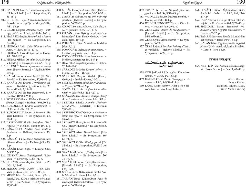 HORGAS Judit: Déry Tibor és a néma kutya. = Liget, 10/14 17. p. 813. HUBAY Miklós: Bíró fia: író. = Holmi, 9/1158 1162. p. 814. HUBAY Miklós: Ok-talan halál. [Hekerle László.] = Ex Symposion, 56/4 5.