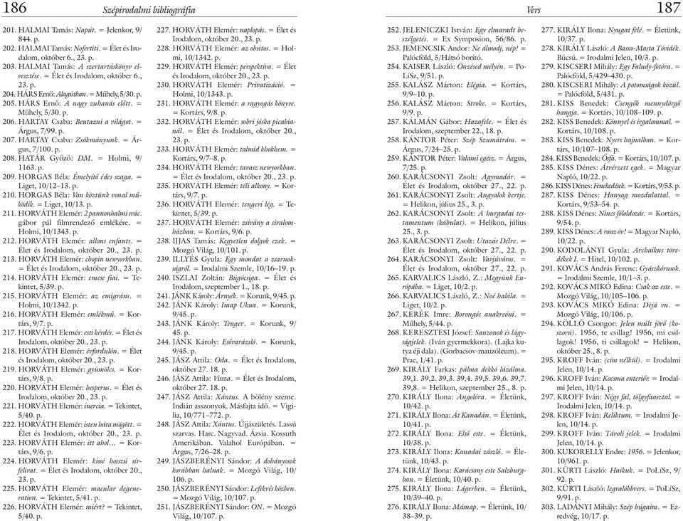 HARTAY Csaba: Zsákmányunk. = Árgus, 7/100. p. 208. HATÁR Gyõzõ: DM. = Holmi, 9/ 1163. p. 209. HORGAS Béla: Émelyítõ édes szaga. = Liget, 10/12 13. p. 210. HORGAS Béla: Van köztünk vonal mûködik.