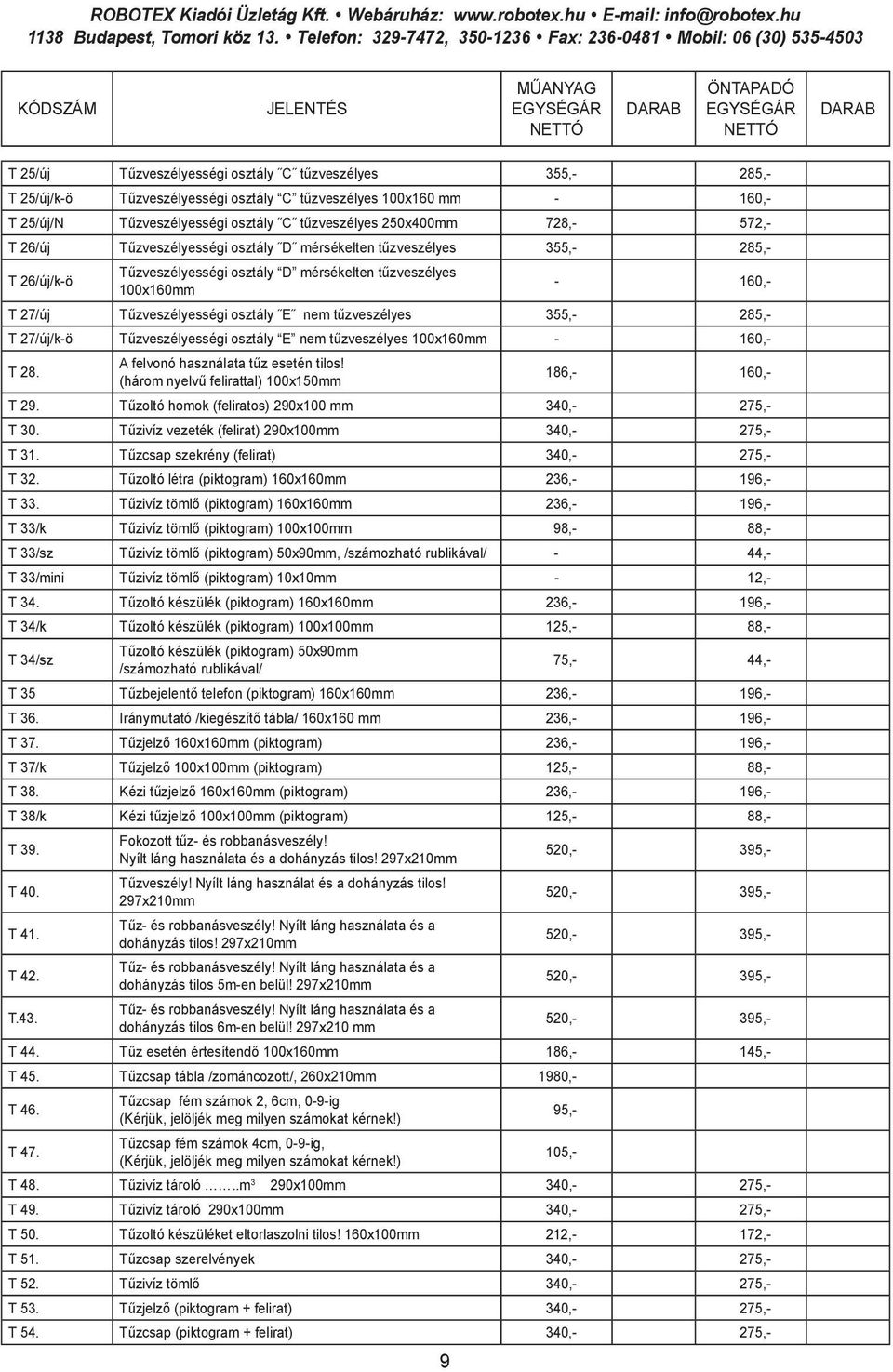 tűzveszélyes 355,- 285,- T 27/új/k-ö Tűzveszélyességi osztály E nem tűzveszélyes 100x160mm - 160,- T 28. A felvonó használata tűz esetén tilos! (három nyelvű felirattal) 100x150mm 186,- 160,- T 29.