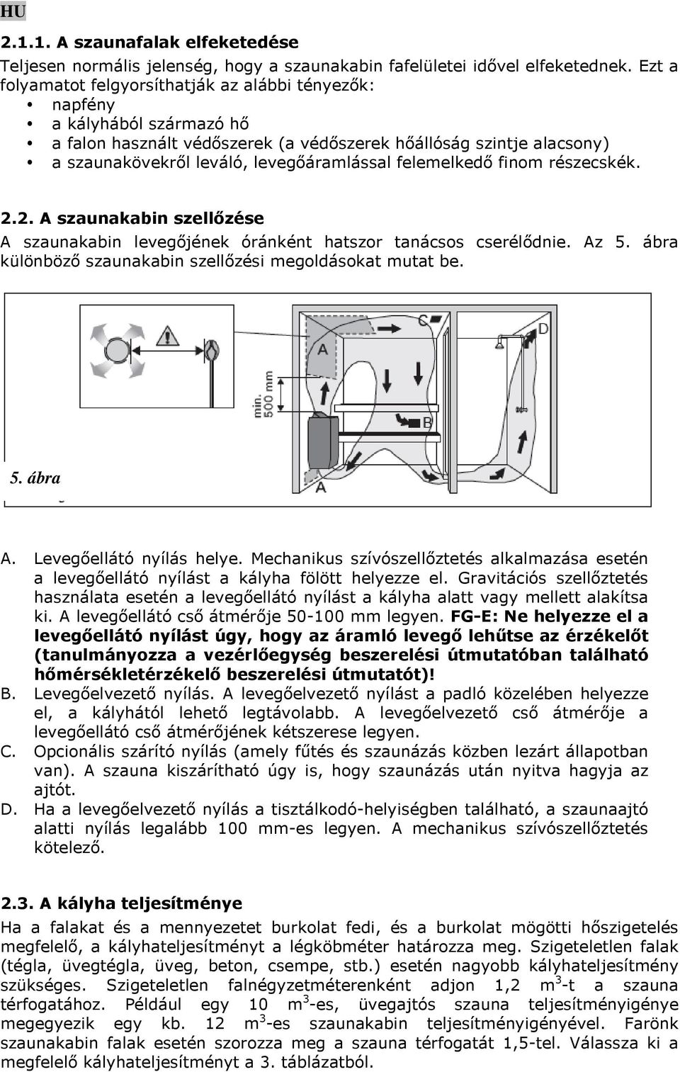 felemelkedő finom részecskék. 2.2. A szaunakabin szellőzése A szaunakabin levegőjének óránként hatszor tanácsos cserélődnie. Az 5. ábra különböző szaunakabin szellőzési megoldásokat mutat be. 5. ábra A.