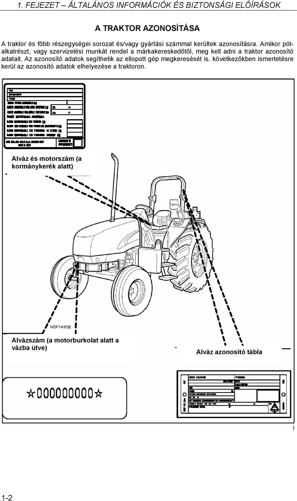 Amikor pótalkatrészt, vagy szervizelési munkát rendel a márkakereskedőtől, meg kell adni a traktor azonosító adatait.