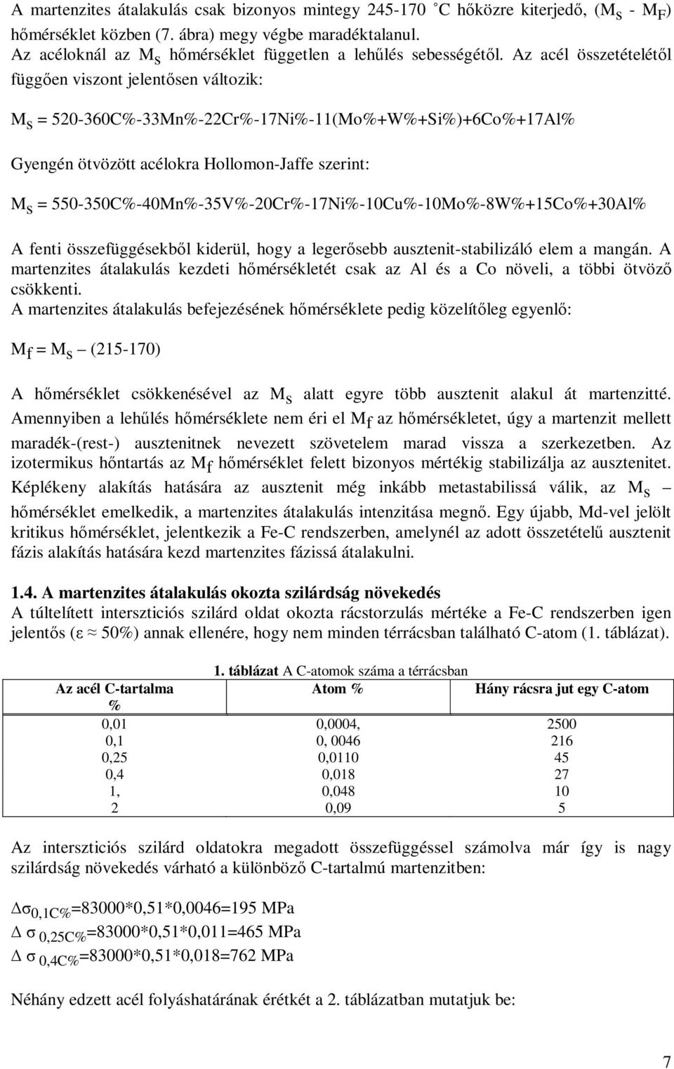 Az acél összetételétől függően viszont jelentősen változik: M s = 520-360C%-33Mn%-22Cr%-17Ni%-11(Mo%+W%+Si%)+6Co%+17Al% Gyengén ötvözött acélokra Hollomon-Jaffe szerint: M s =