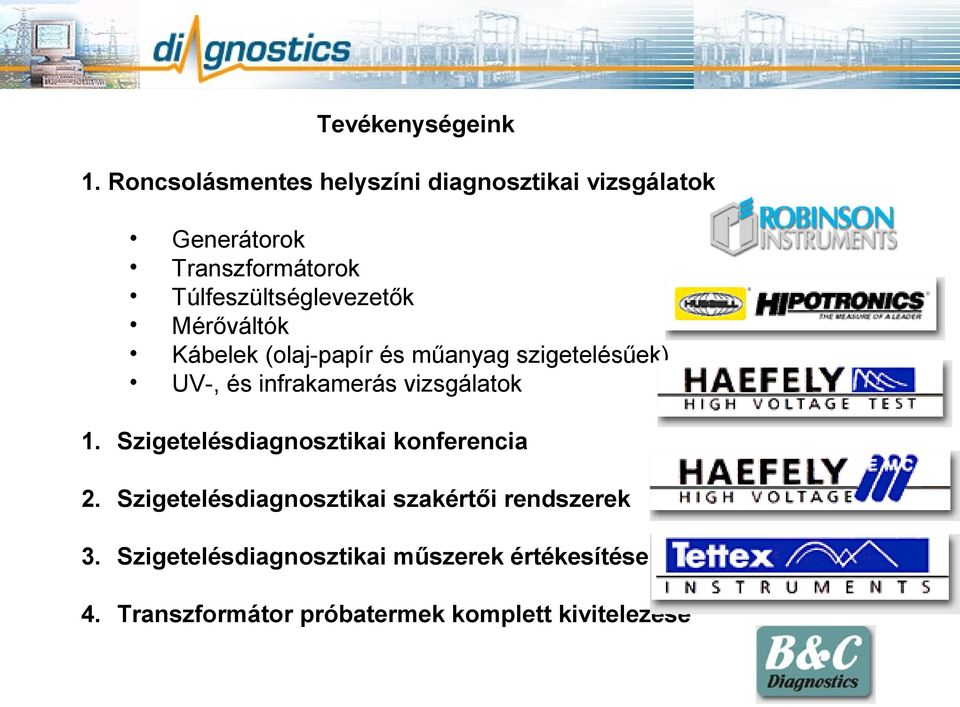 Túlfeszültséglevezetők Mérőváltók Kábelek (olajpapír és műanyag szigetelésűek) UV, és infrakamerás