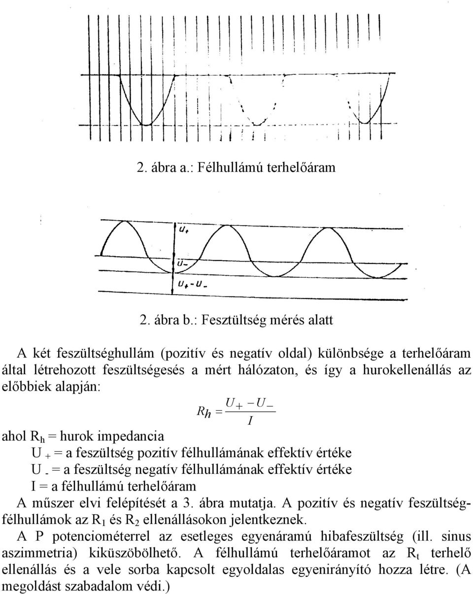 U R h = + I ahol R h = hurok impedancia U + = a feszültség pozitív félhullámának effektív értéke U - = a feszültség negatív félhullámának effektív értéke I = a félhullámú terhelőáram A műszer elvi