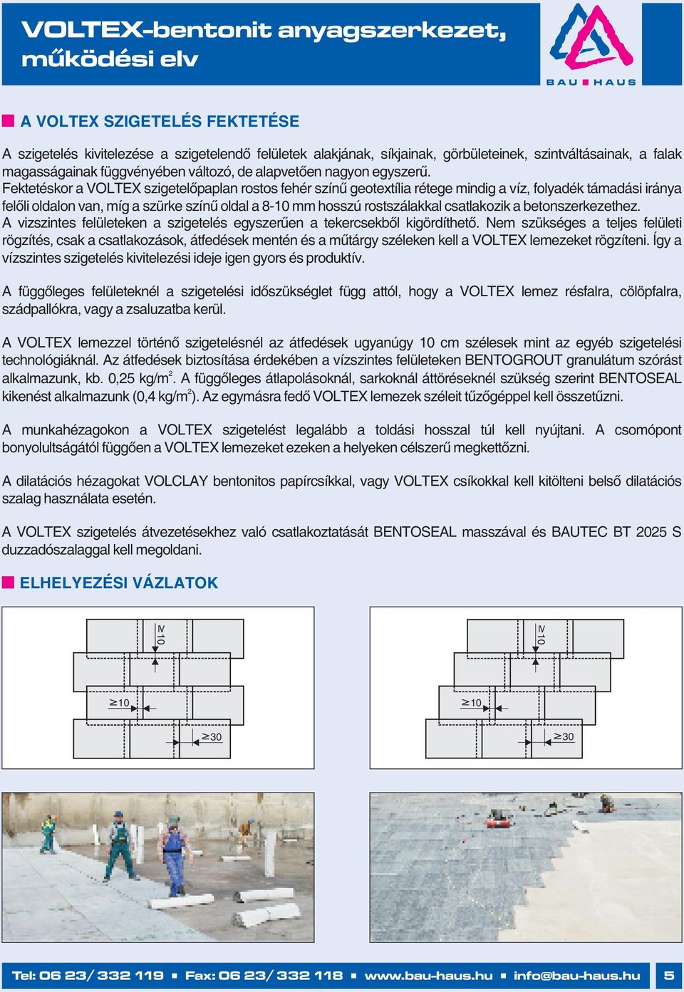 Fektetéskor a VOLTEX szigetelőpaplan rostos fehér színű geotextília rétege mindig a víz, folyadék támadási iránya felőli oldalon van, míg a szürke színű oldal a 8-10 mm hosszú rostszálakkal