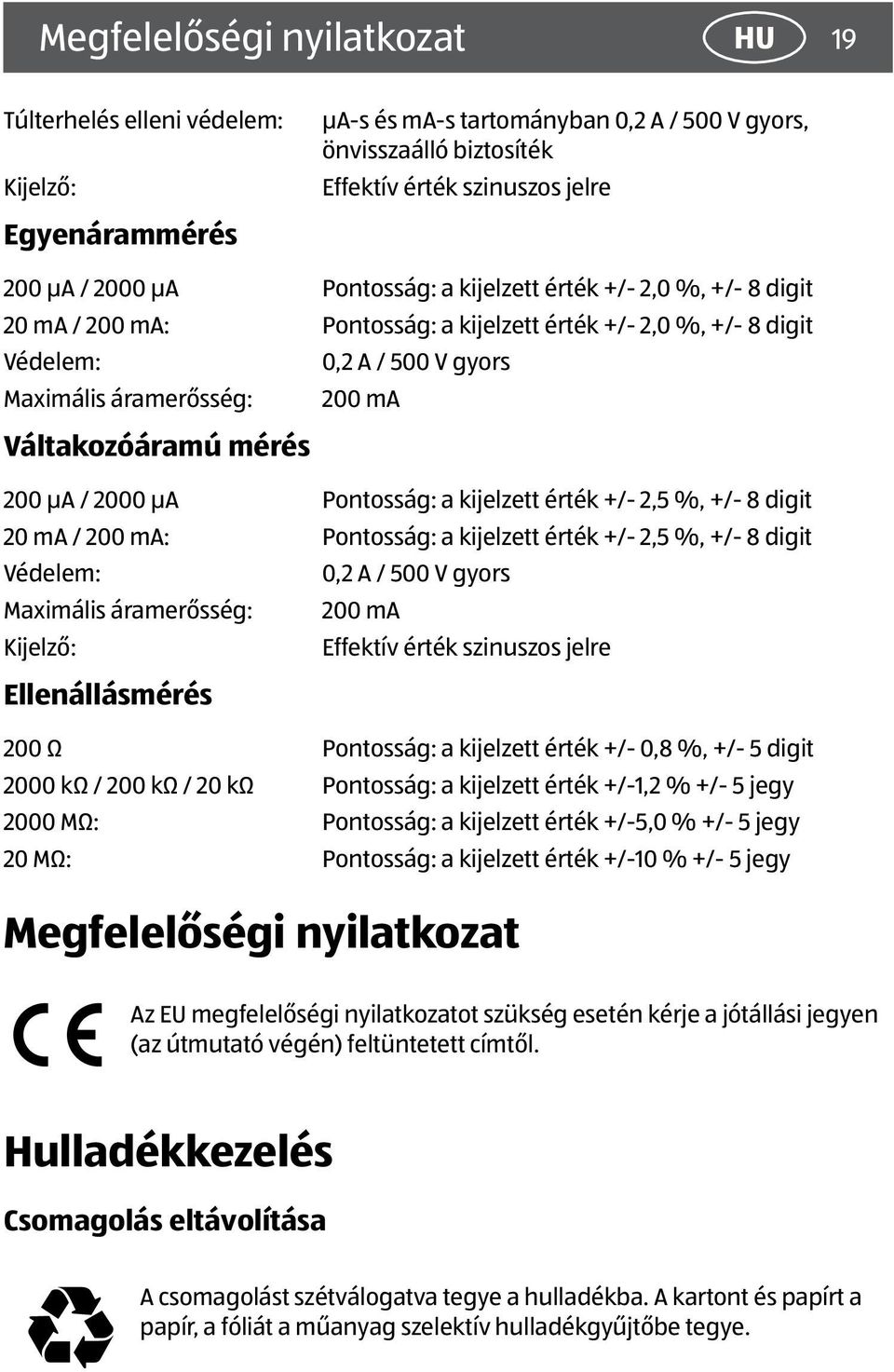 mérés 200 µa / 2000 µa Pontosság: a kijelzett érték +/- 2,5 %, +/- 8 digit 20 ma / 200 ma: Pontosság: a kijelzett érték +/- 2,5 %, +/- 8 digit Védelem: 0,2 A / 500 V gyors Maximális áramerősség: 200