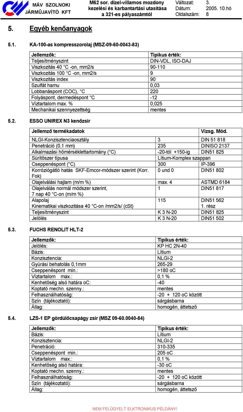 C 220 Folyáspont, dermedéspont C -12 Víztartalom max. % 0,025 Mechanikai szennyezettség mentes 5.2. ESSO UNIREX N3 kenőzsír Tipikus érték: DIN-VDL, ISO-DAJ Jellemző termékadatok Vizsg. Mód.