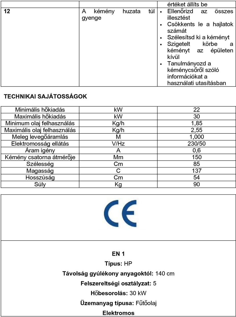 felhasználás Kg/h 1,85 Maximális olaj felhasználás Kg/h 2,55 Meleg levegőáramlás M 1,000 Elektromosság ellátás V/Hz 230/50 Áram igény A 0,6 Kémény csatorna átmérője Mm 150