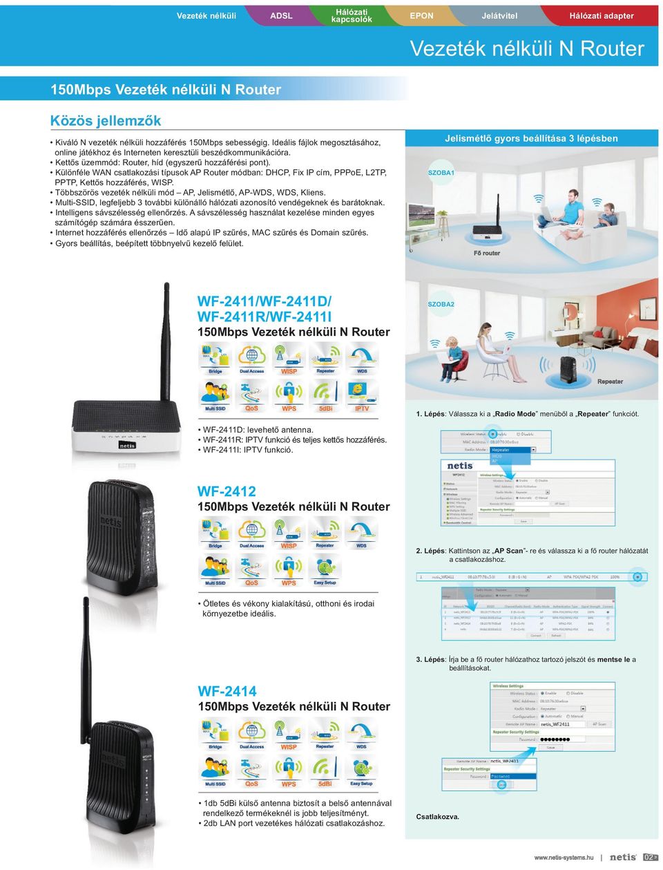 Különféle WAN csatlakozási típusok AP Router módban: DHCP, Fix IP cím, PPPoE, L2TP, PPTP, Kettős hozzáférés, WISP. Többszörös vezeték nélküli mód AP, Jelismétlő, AP-WDS, WDS, Kliens.