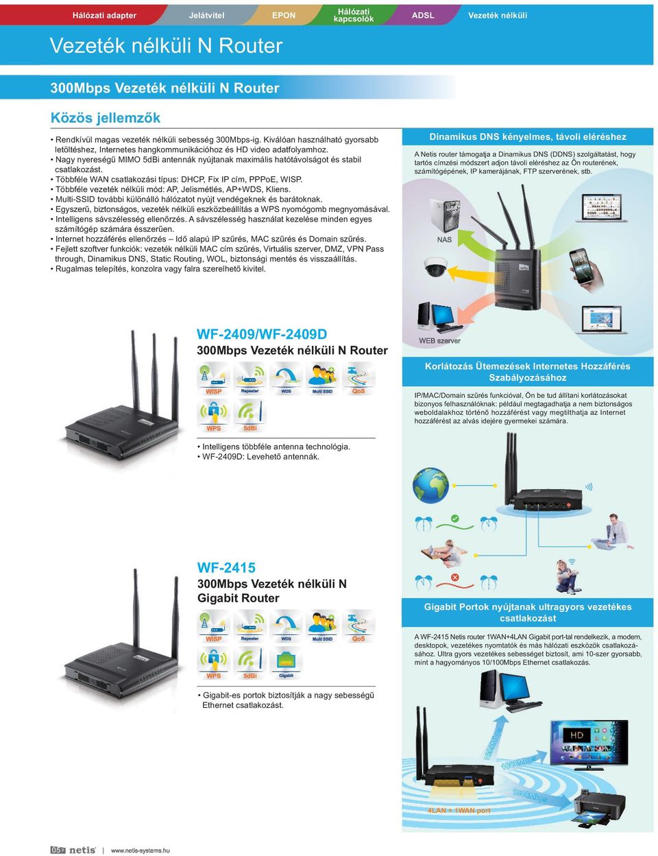 Többféle WAN csatlakozási típus: DHCP, Fix IP cím, PPPoE, WISP. Többféle vezeték nélküli mód: AP, Jelismétlés, AP+WDS, Kliens. Multi-SSID további különálló hálózatot nyújt vendégeknek és barátoknak.