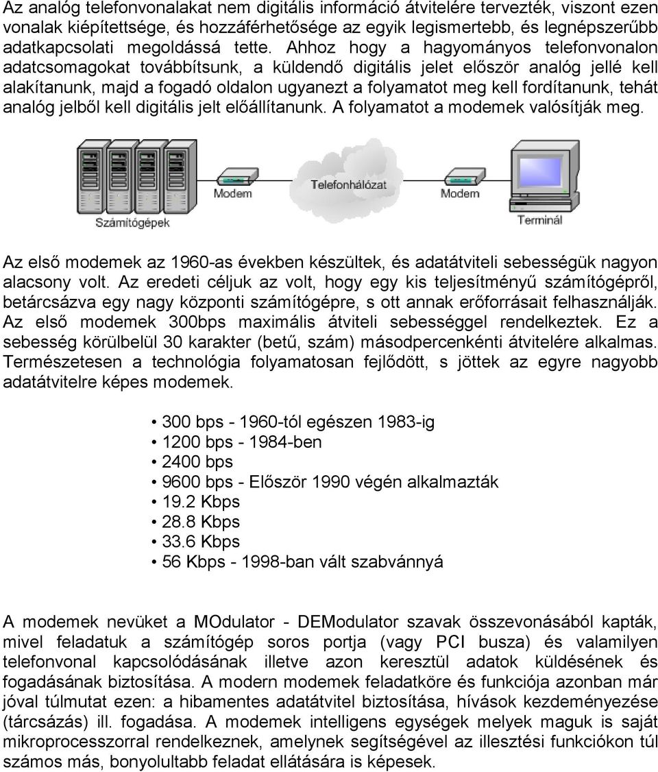 Ahhoz hogy a hagyományos telefonvonalon adatcsomagokat továbbítsunk, a küldendő digitális jelet először analóg jellé kell alakítanunk, majd a fogadó oldalon ugyanezt a folyamatot meg kell