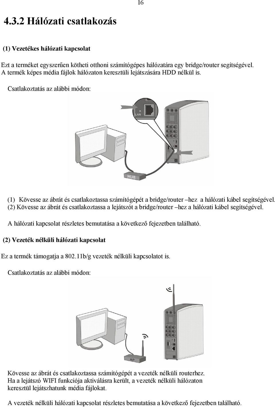 Csatlakoztatás az alábbi módon: (1) Kövesse az ábrát és csatlakoztassa számítógépét a bridge/router hez a hálózati kábel segítségével.