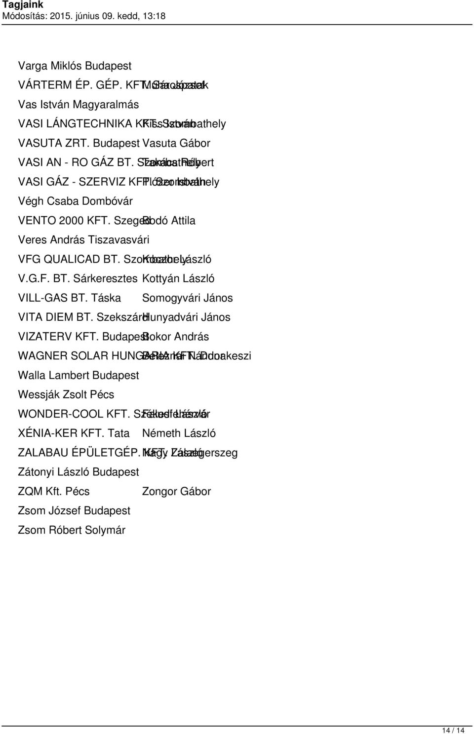 Szombathely Koczor László V.G.F. BT. Sárkeresztes Kottyán László VILL-GAS BT. Táska Somogyvári János VITA DIEM BT. SzekszárdHunyadvári János VIZATERV KFT.