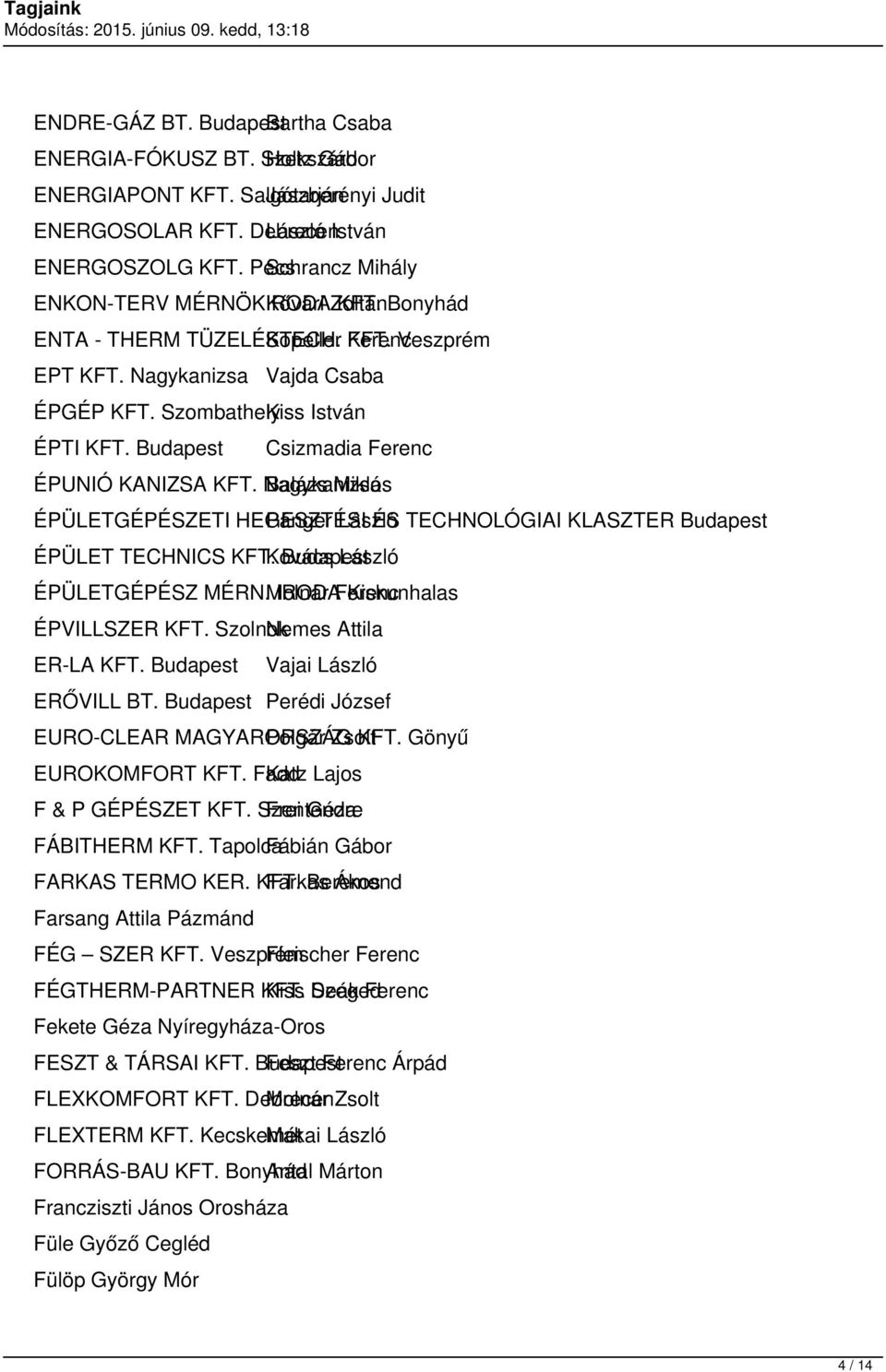 SzombathelyKiss István ÉPTI KFT. Budapest Csizmadia Ferenc ÉPUNIÓ KANIZSA KFT. Nagykanizsa Balázs Miklós ÉPÜLETGÉPÉSZETI HEGESZTÉSI Pánger László ÉS TECHNOLÓGIAI KLASZTER Budapest ÉPÜLET TECHNICS KFT.