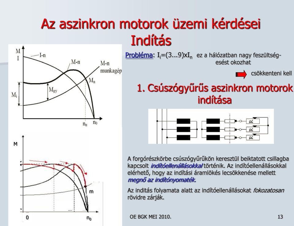 Csúszógyűrűs aszinkron motorok indítása M m A forgórészkörbe csúszógyűrűkön keresztül beiktatott csillagba kapcsolt