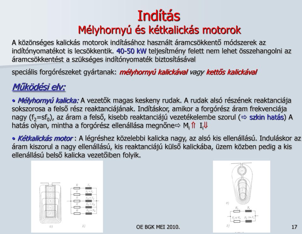 Működési elv: Mélyhornyú kalicka: A vezetők magas keskeny rudak. A rudak alsó részének reaktanciája sokszorosa a felső rész reaktanciájának.