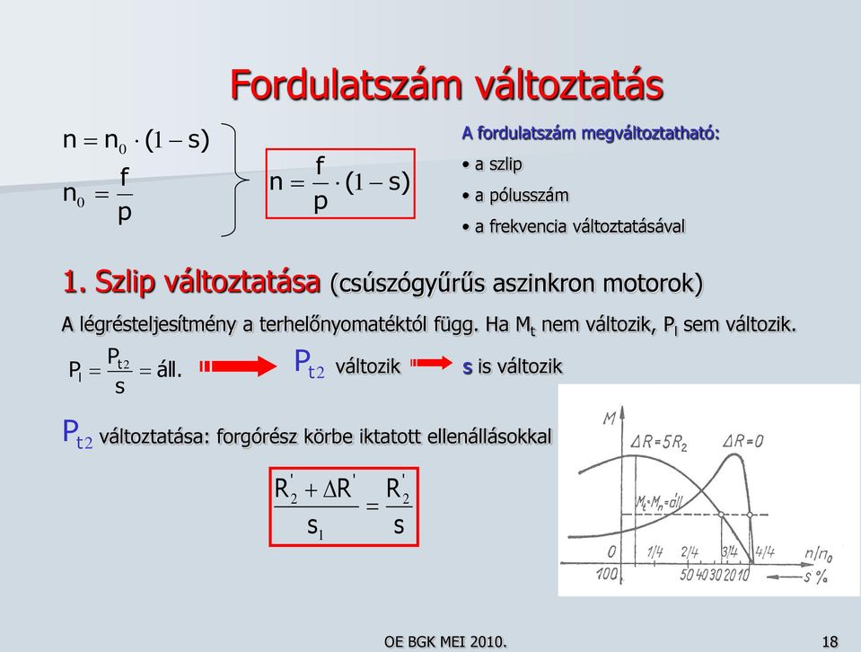 Szlip változtatása (csúszógyűrűs aszinkron motorok) A légrésteljesítmény a terhelőnyomatéktól függ.