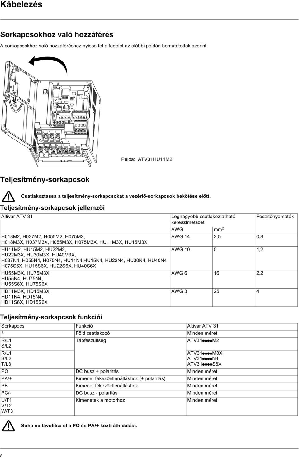 Teljesítmény-sorkapcsok jellemzõi Altivar ATV 31 H018M2, H037M2, H055M2, H075M2, H018M3X, H037M3X, H055M3X, H075M3X, HU11M3X, HU15M3X HU11M2, HU15M2, HU22M2, HU22M3X, HU30M3X, HU40M3X, H037N4,