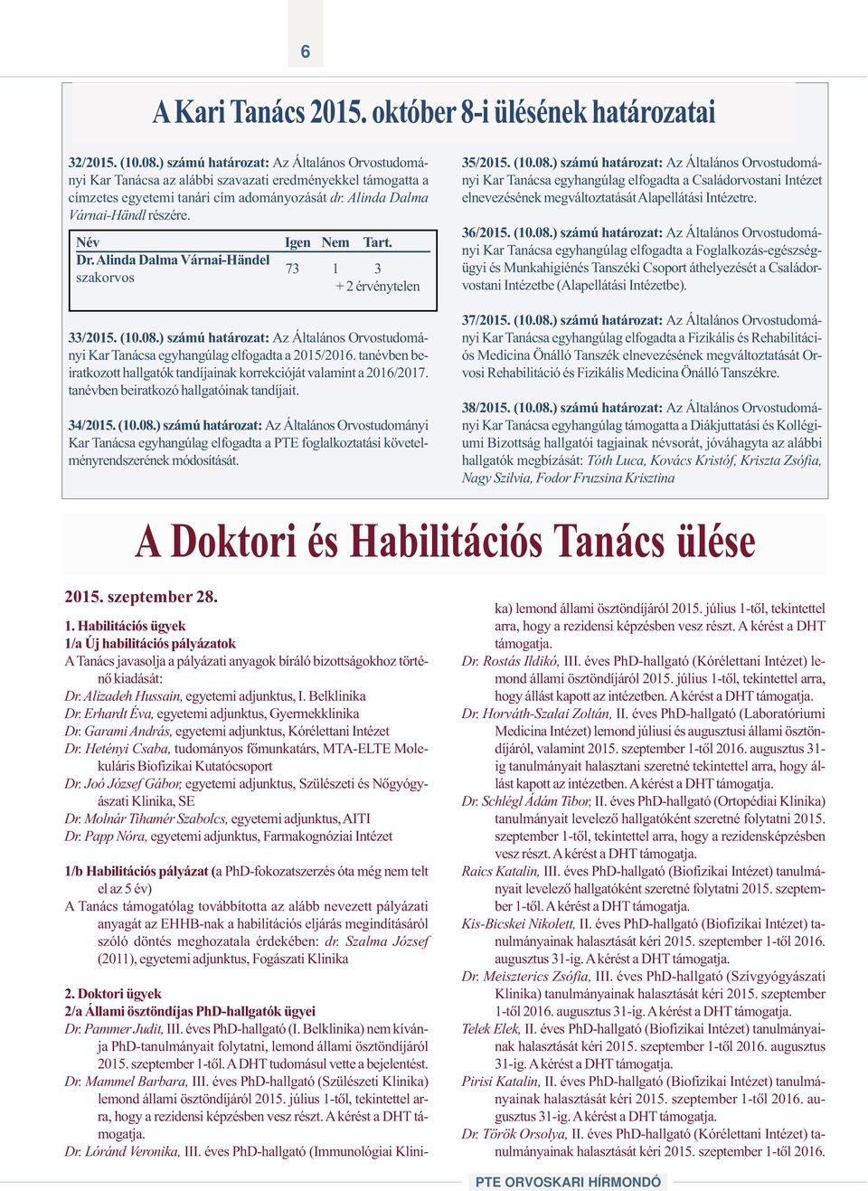 Név Igen Nem Tart. Dr. Alinda Dalma Várnai-Händel 73 1 3 szakorvos + 2 érvénytelen 35/2015. (10.08.