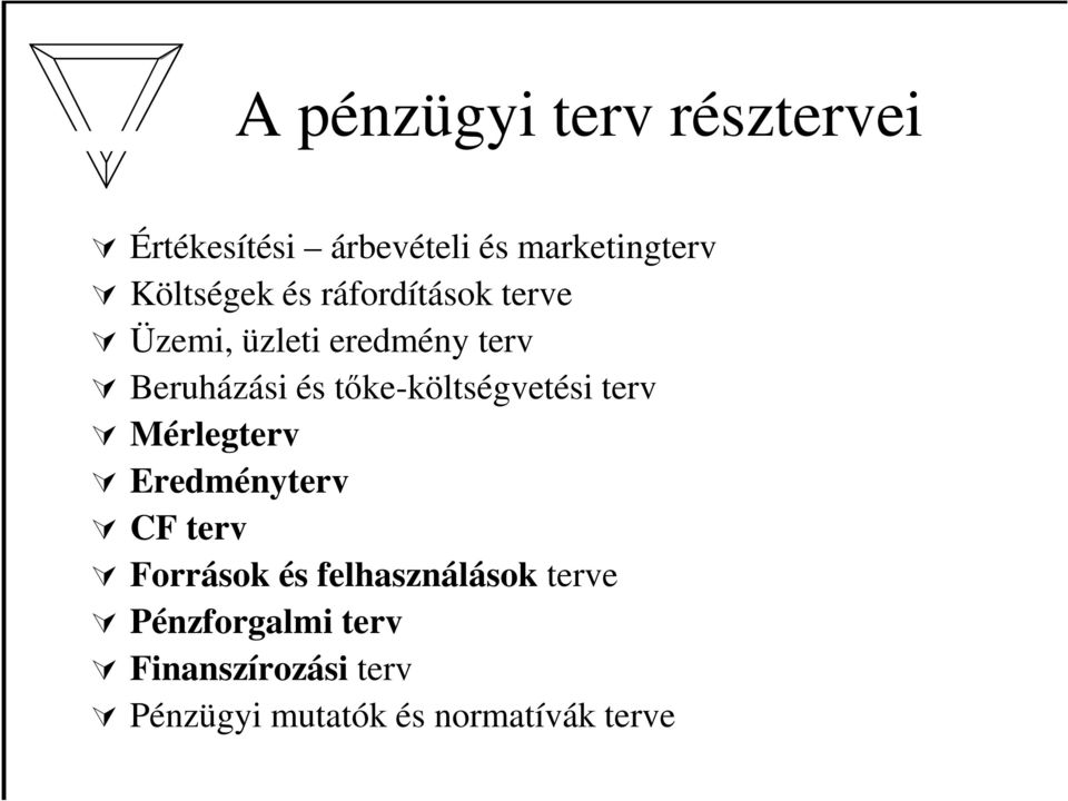 tőke-költségvetési terv Mérlegterv Eredményterv CF terv Források és