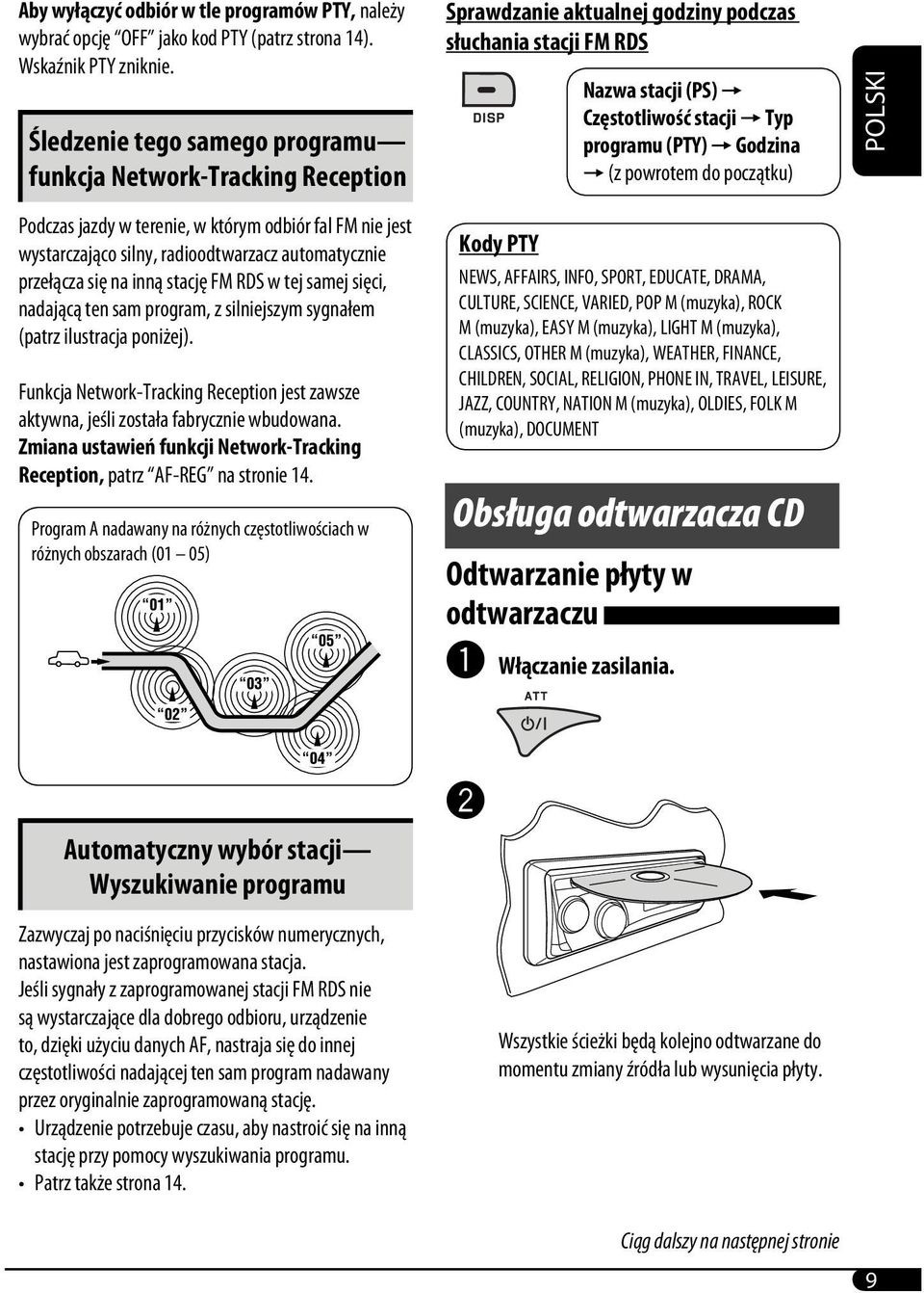 = (z powrotem do początku) POLSKI Podczas jazdy w terenie, w którym odbiór fal FM nie jest wystarczająco silny, radioodtwarzacz automatycznie przełącza się na inną stację FM RDS w tej samej sięci,