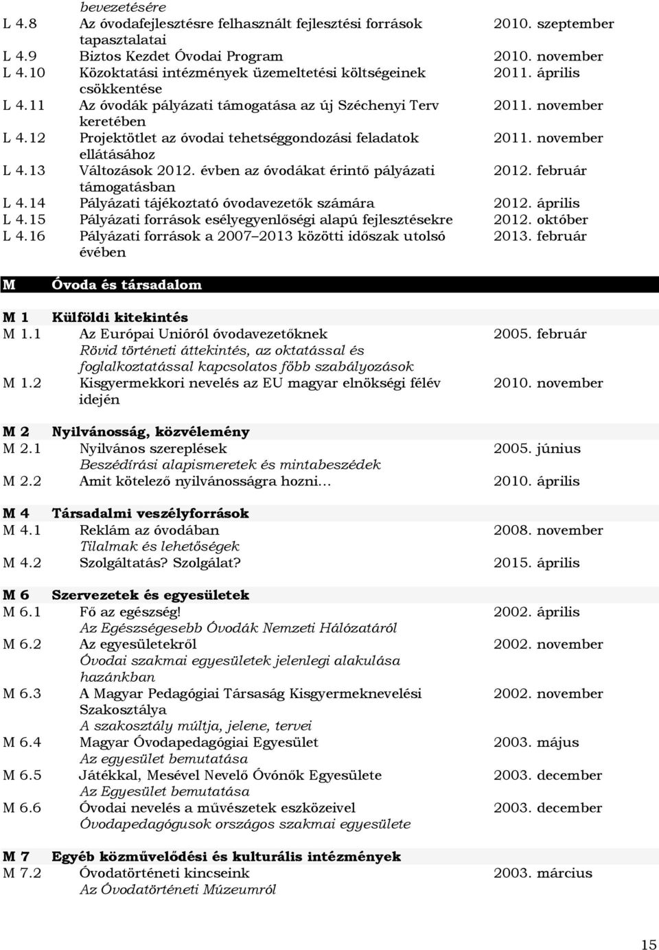 12 Projektötlet az óvodai tehetséggondozási feladatok 2011. november ellátásához L 4.13 Változások 2012. évben az óvodákat érintő pályázati 2012. február támogatásban L 4.
