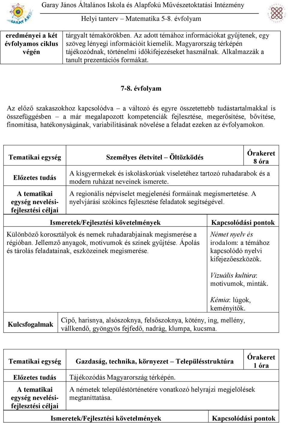 évfolyam Az előző szakaszokhoz kapcsolódva a változó és egyre összetettebb tudástartalmakkal is összefüggésben a már megalapozott kompetenciák fejlesztése, megerősítése, bővítése, finomítása,