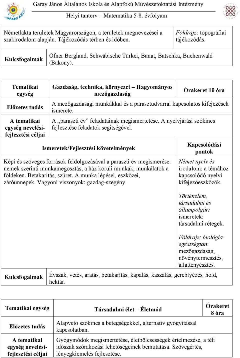 Tematikai egység Gazdaság, technika, környezet Hagyományos mezőgazdaság 10 óra A mezőgazdasági munkákkal és a parasztudvarral kapcsolatos kifejezések ismerete.