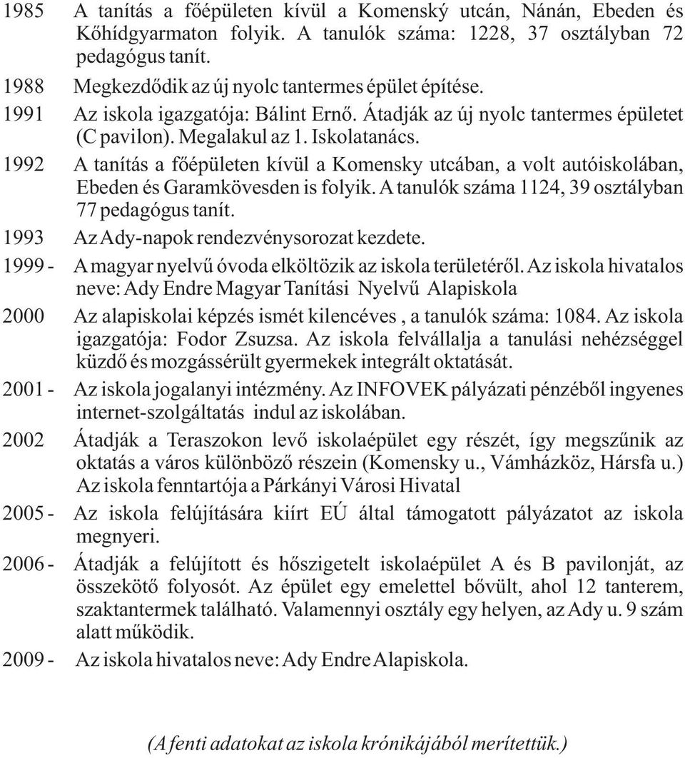 1992 A tanítás a főépületen kívül a Komensky utcában, a volt autóiskolában, Ebeden és Garamkövesden is folyik. A tanulók száma 1124, 39 osztályban 77 pedagógus tanít.