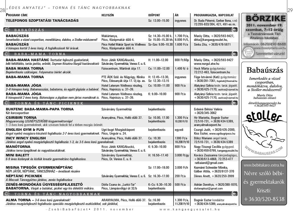 00 15.30 kh. 8.000 Ft/5, ditta@kangaegyesulet.hu, BABAÚSZÁS Pécs Hotlel Makár Sport és Wellness Sz Szo: 9.00 10.30 1.600 Ft/a Sinku Zita, +3630/478-5871 4 hónapos kortól 3 éves korig.