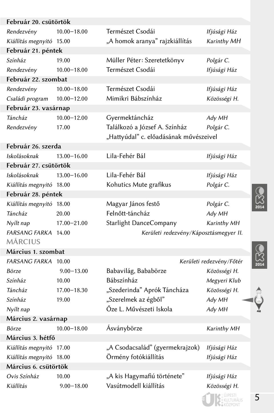 00 Mimikri Bábszínház Közösségi H. Február 23. vasárnap Táncház 10.00 12.00 Gyermektáncház Ady MH Rendezvény 17.00 Találkozó a József A. Színház Polgár C. Hattyúdal c.