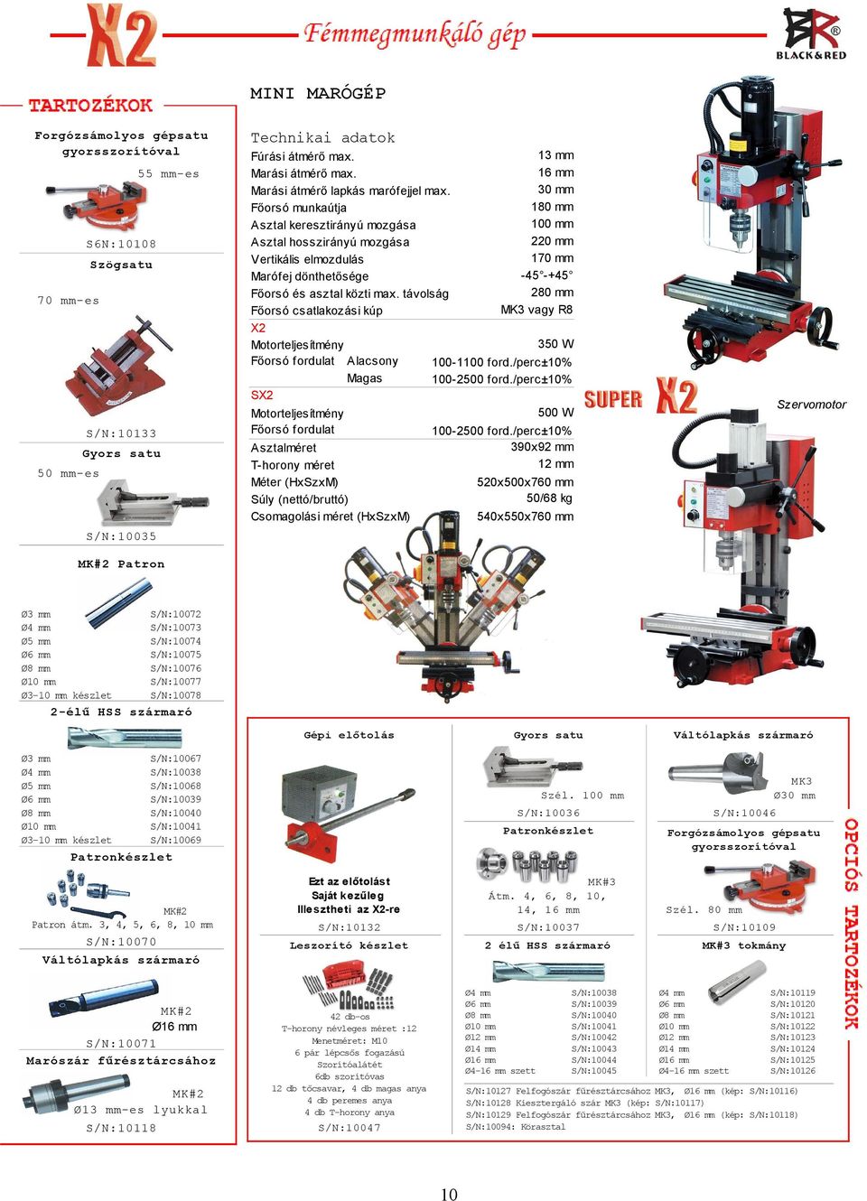 180 mm Főorsó munkaútja 100 mm Asztal keresztirányú mozgása 220 mm Asztal hosszirányú mozgása 170 mm Vertikális elmozdulás -45 -+45 Marófej dönthetősége 280 mm Főorsó és asztal közti max.