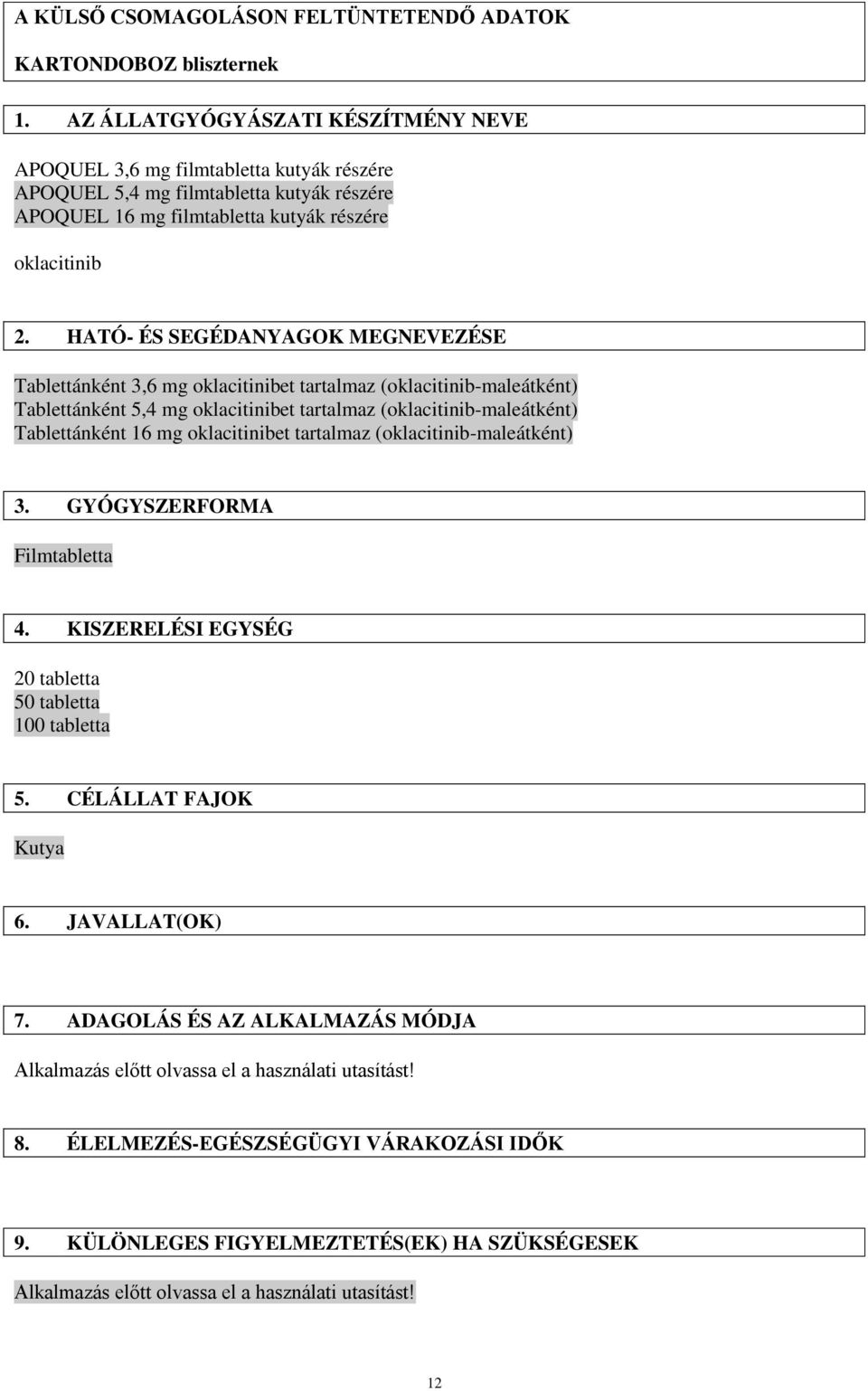 HATÓ- ÉS SEGÉDANYAGOK MEGNEVEZÉSE Tablettánként 3,6 mg oklacitinibet tartalmaz (oklacitinib-maleátként) Tablettánként 5,4 mg oklacitinibet tartalmaz (oklacitinib-maleátként) Tablettánként 16 mg