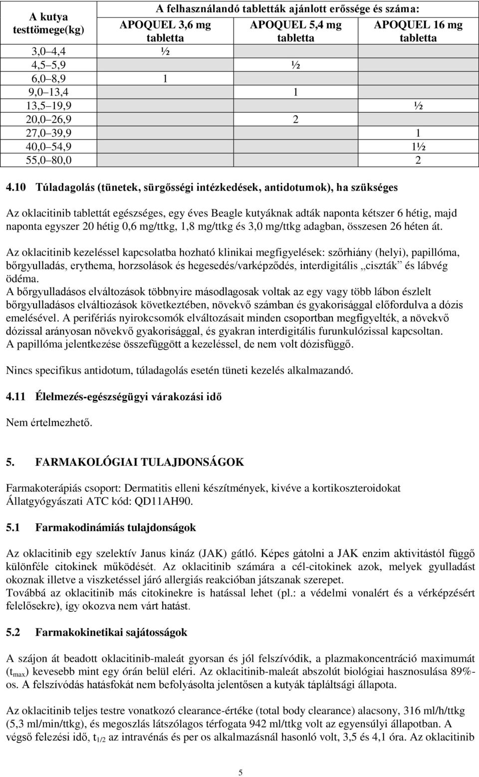 10 Túladagolás (tünetek, sürgősségi intézkedések, antidotumok), ha szükséges Az oklacitinib tablettát egészséges, egy éves Beagle kutyáknak adták naponta kétszer 6 hétig, majd naponta egyszer 20