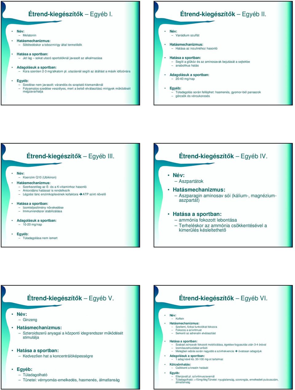 szulfát Hatása az inzulinéhoz hasonló Segíti a glükóz és az aminosavak bejutását a sejtekbe anabolikus hatás 20-40 mg/nap Túladagolás során felléphet: hasmenés, gyomor-bél panaszok görcsök és